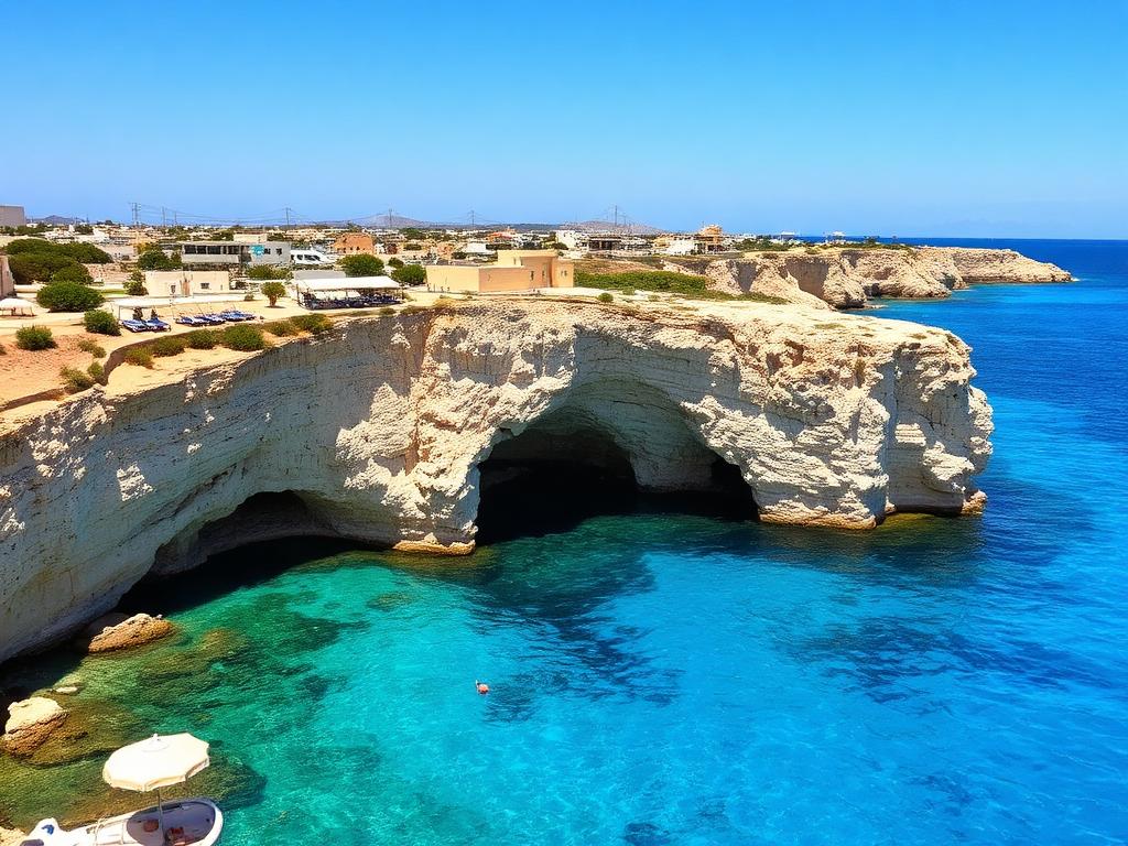 Sea caves and bright blue water along the Ayia Napa coastline in Cyprus