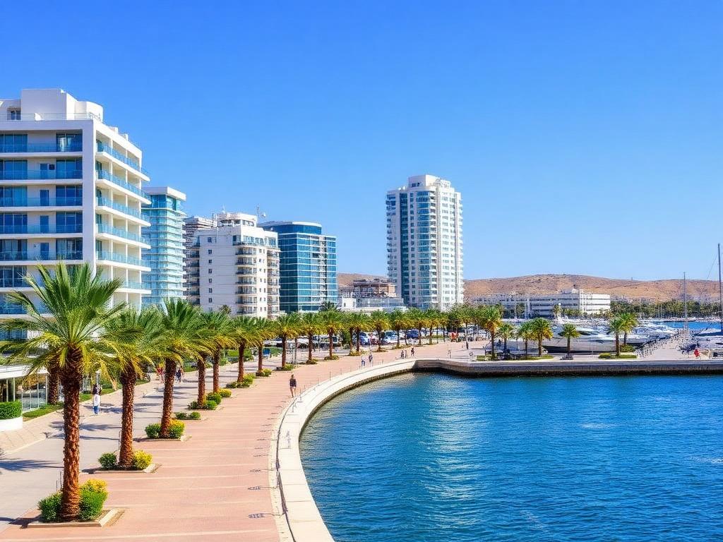 Limassol seafront promenade in Cyprus with palm trees, modern towers and the marina