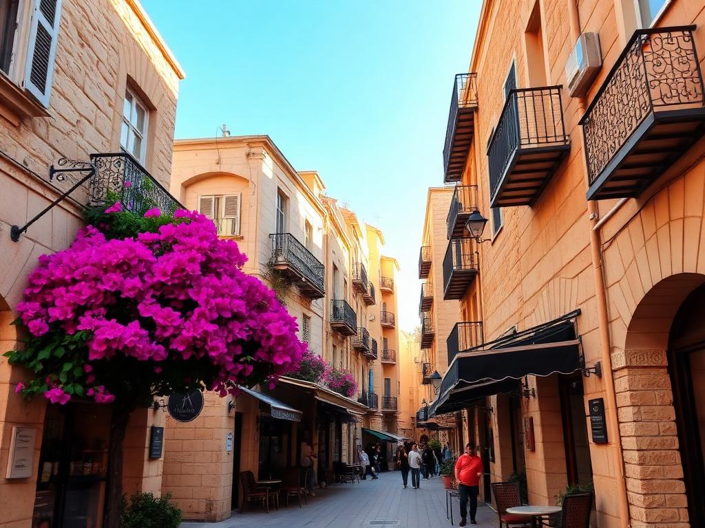 Sandstone old town street in Nicosia, Cyprus with bougainvillea and cafes