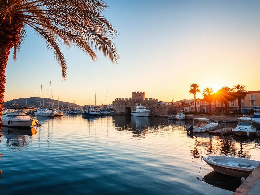 Paphos harbour in Cyprus at sunset with the medieval castle and moored boats