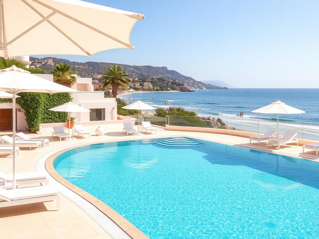 Mediterranean beachfront hotel pool terrace overlooking the sea