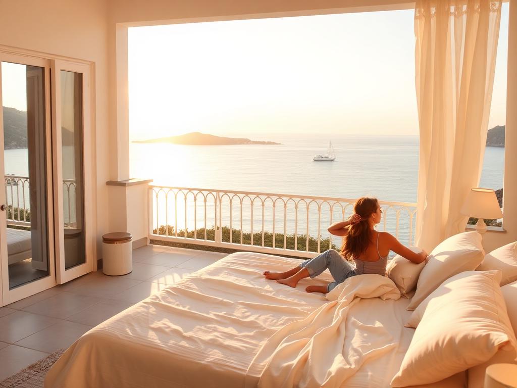 Romantic hotel suite terrace with sea view at sunset