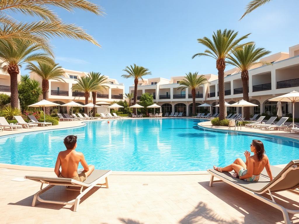 Sunny resort pool surrounded by palm trees and sun loungers