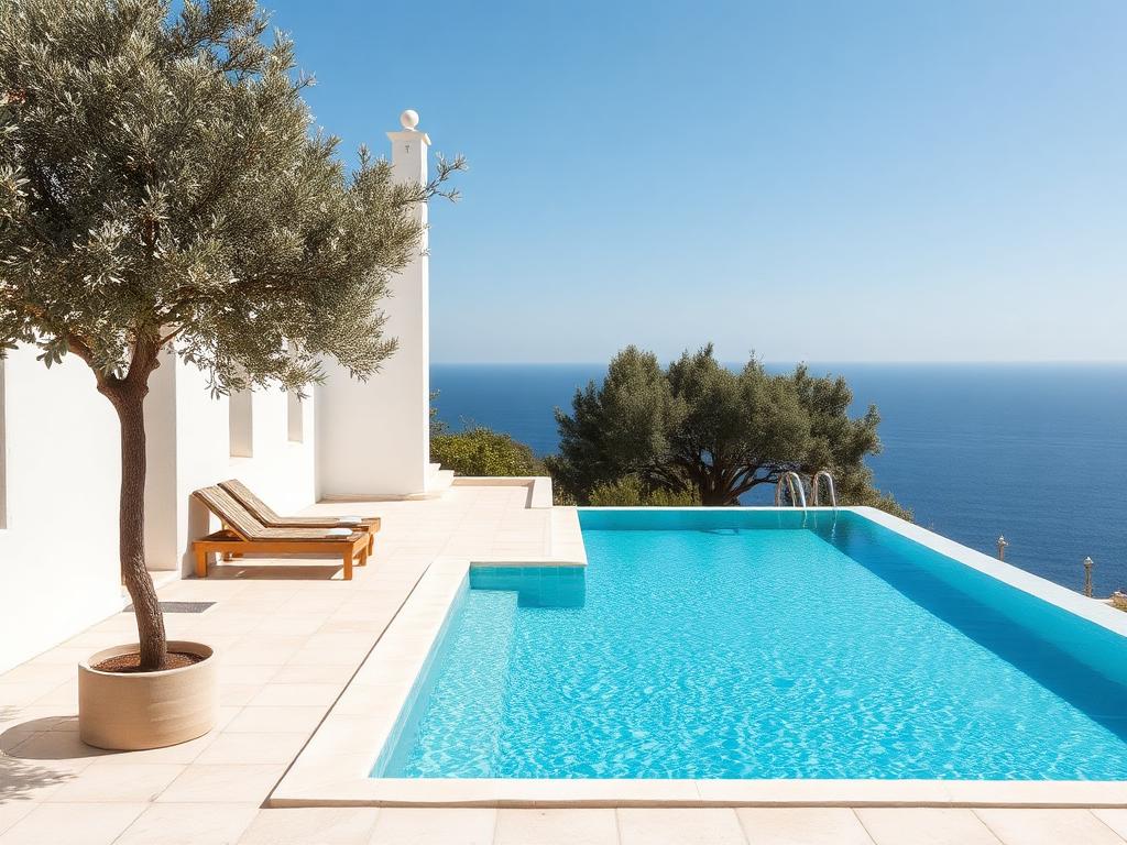 Whitewashed Mediterranean villa terrace with a private pool and sea view